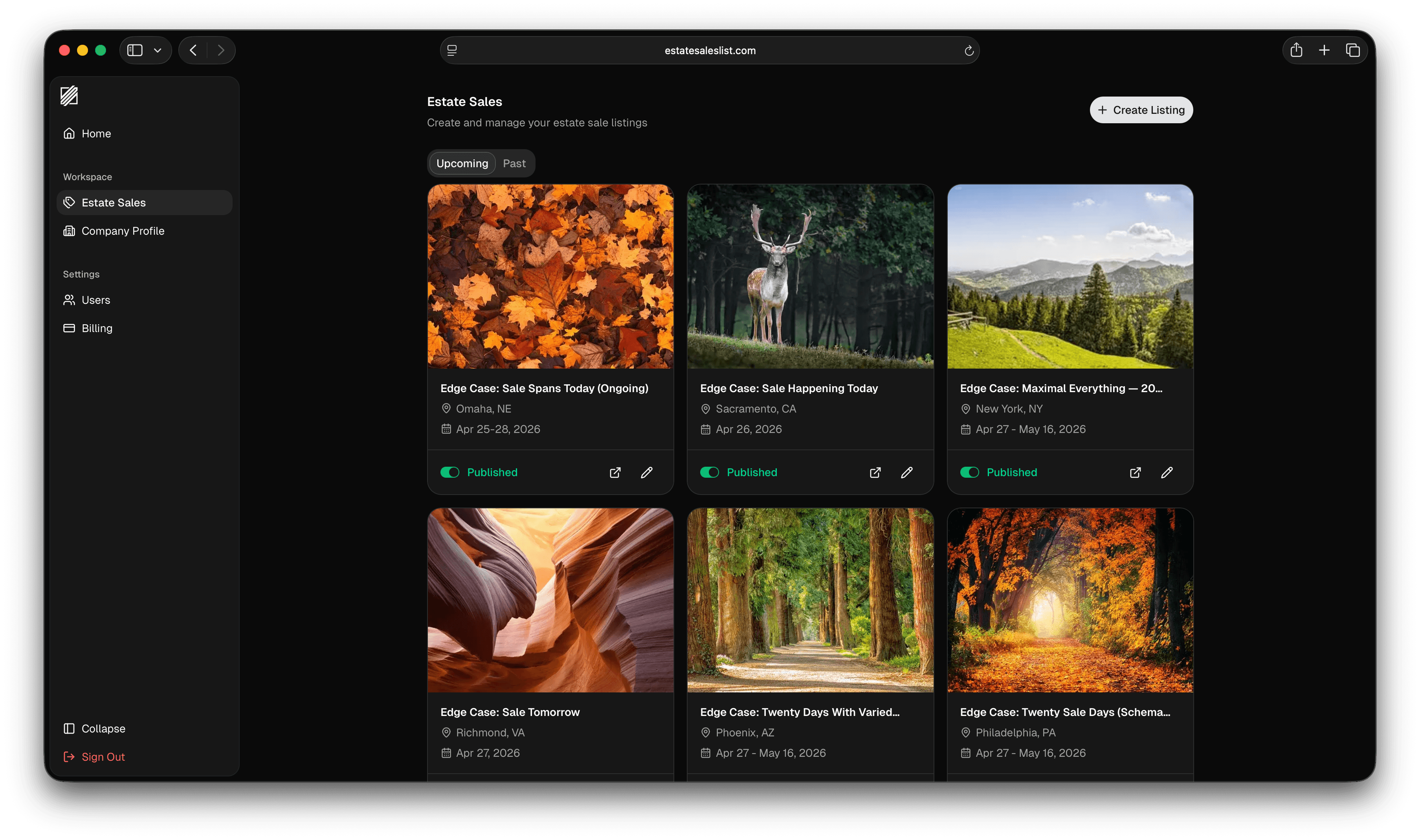 The dashboard sales page where companies manage their estate sale listings.