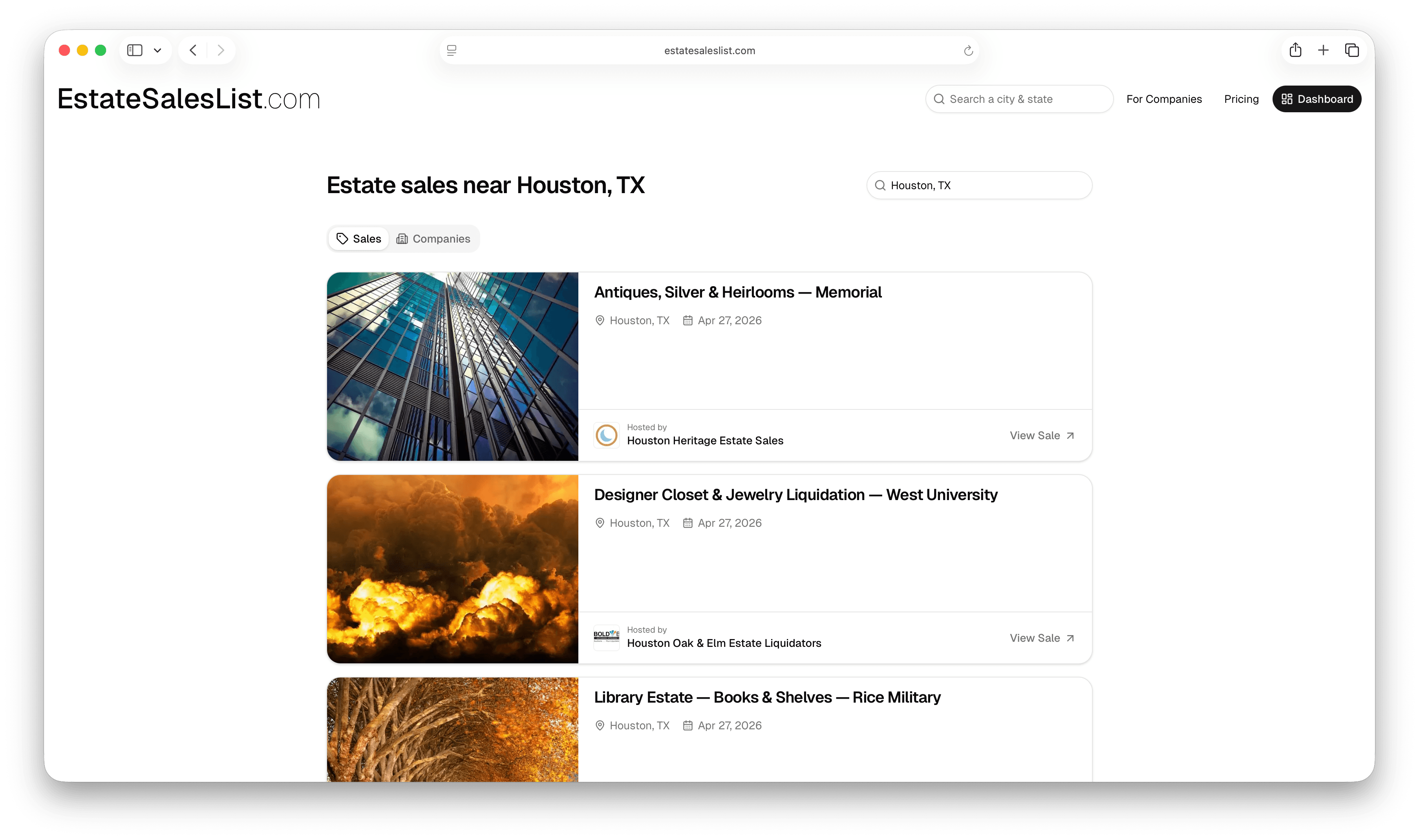 The public sales directory, with photos & locations for each sale.