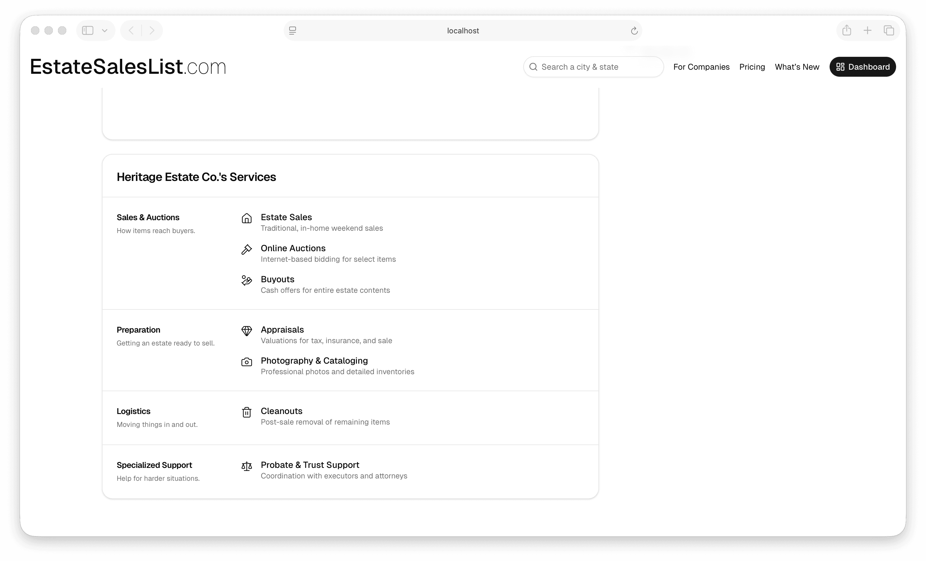 A public company profile showing the services section.