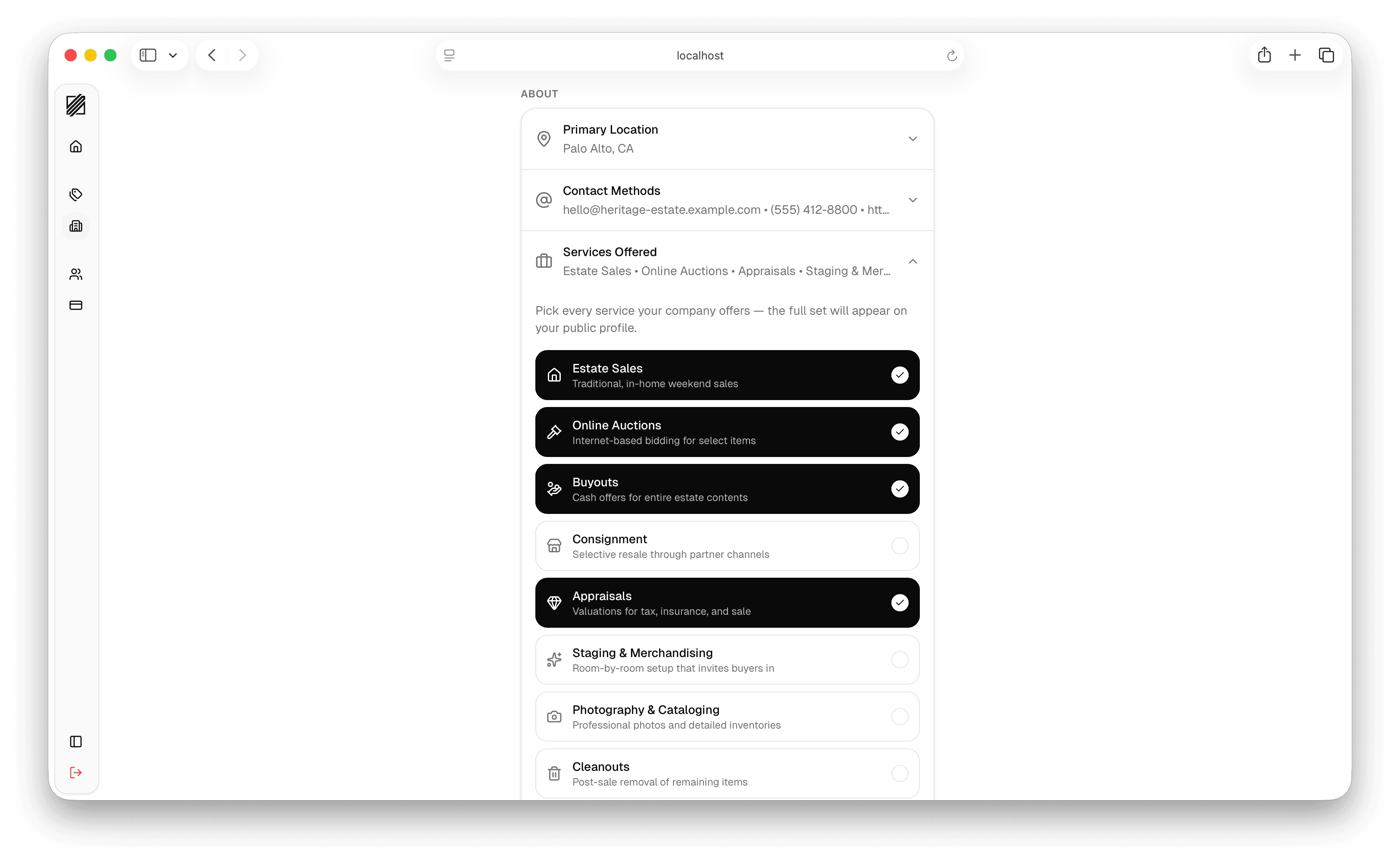 The services selector in the dashboard, where companies pick which services they offer.