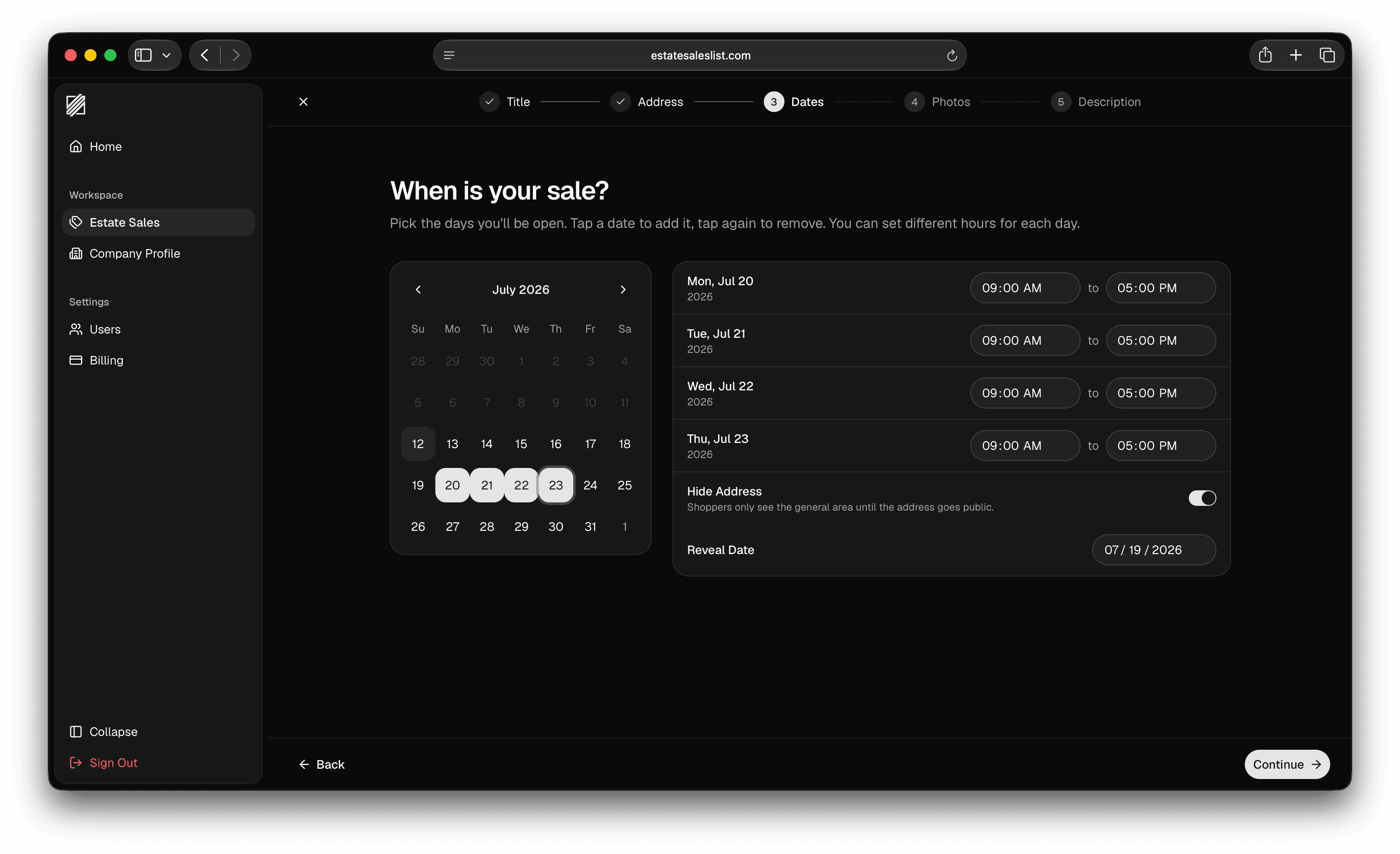 The sale reveal date selector in the sale form, where companies can choose when to reveal the full address.